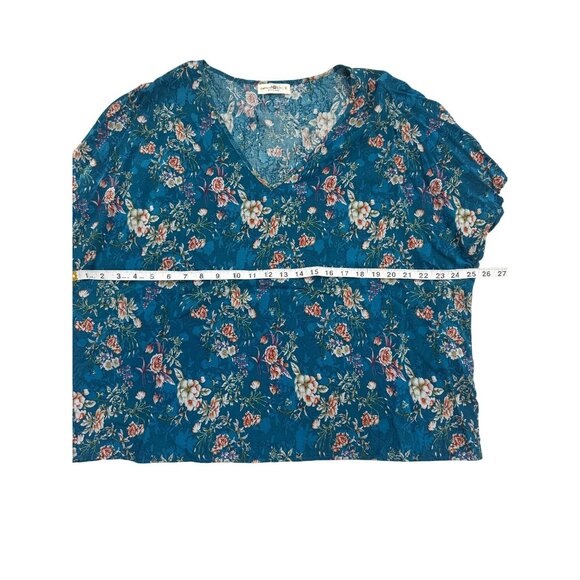 Natural Life Womens V-Neck Blouse Top Short Sleeve Floral Blue Boho Size M - Picture 5 of 7
